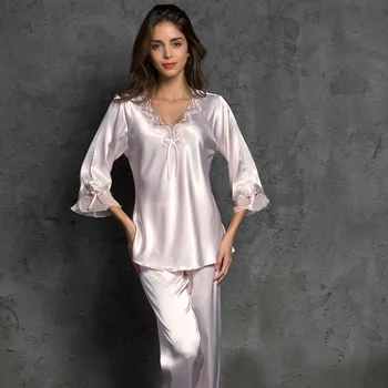 Vasaros Moterų Šilko Satino 2 Gabalas Pižama Nustatyti Long Sleeve V-Kaklo Sexy Nėrinių Sleepwear Pyjama Kostiumas Moterų Naktiniai Drabužiai Loungewear