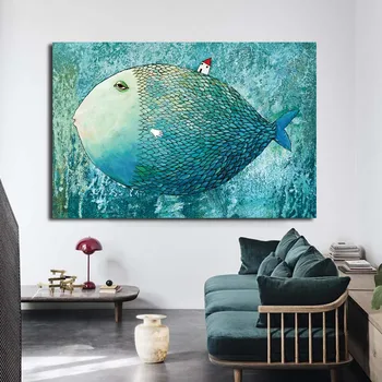Šiaurės mėlyna abstrakčiai žuvų vandenyne plakatas akvarelė sienos meno spaustuvėje, gyvenamojo kambario, vaikų kambario, apdailos TZ076