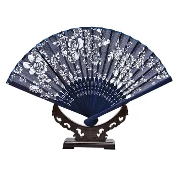 Kinų Stiliaus Cal Gėlių Dizaino, Mėlynos Spalvos Audinio Pusės Ventiliatorius Su Dažyta Mėlyna Bambuko Rėmo Vestuves Naudai