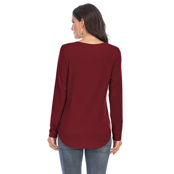 SEBOWEL 2020 m. Rudenį Moterų vientisos Spalvos ilgomis Rankovėmis V-kaklo marškinėliai Atsitiktinis Pagrindinio Dugno Viršūnes Moterų Pavasario Tee marškinėliai S-XXL