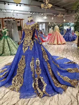 LSS436 mėlyna vakaro suknelės su aukso blizgučiai aukšto kaklo, ilgomis rankovėmis musulmonų šalis suknelė ilgai kamuolys suknelė ponios blizga suknelė 2020 m.