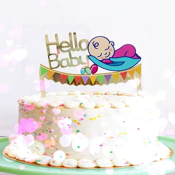 Naujas Hello Baby Tortas Topper Aukso akrilo baby happy birthday Cupcake Topper, Baby shower pyragas desertiniai Pyragaičiai vėliavos apdaila