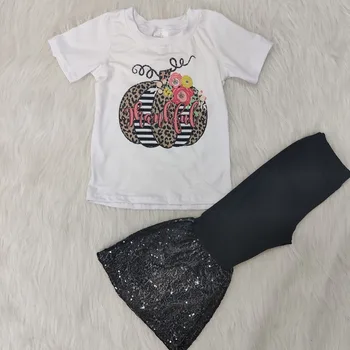Vaikams, Kūdikių mergaitės, juoda china kelnes bell bottom dizaino padėkos dėkingi trumpas rankovės marškinėliai top boutique komplektus, rinkinius