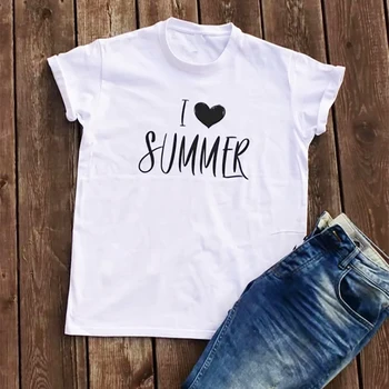 Marškinėliai Moterims Marškinėlius aš Myliu Vasaros Atostogų T-shirt Vasaros Viršūnes Kawaii Marškiniai Plius Dydis Basic Tee medvilnės Baltas Pilka Juoda XS-3XL