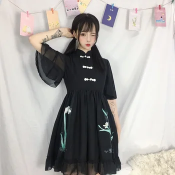 Nauja Japonų Harajuku Derliaus Gothic Lolita Suknelė Moterims Vasaros Kinų Stiliaus Cheongsam Suknelė Princesė Spausdinti Prarasti Šalis Suknelės