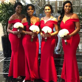 Afrikos Raudona Undinėlės Bridesmaid Dresses 2019 Naujas Off Peties Grindų Ilgis Ilgalaikės Formalios Vestuvių Suknelės, Šaliai Suknelė Pagal Užsakymą