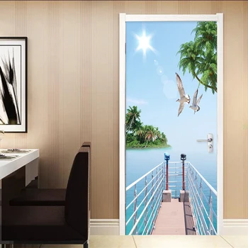 Lipnios Vandeniui Durų Lipdukas 3D Kokoso Medžio Sea View Sienų Tapetai Kambarį Miegamojo Duris Plakatas Namų Dekoro Lipdukai
