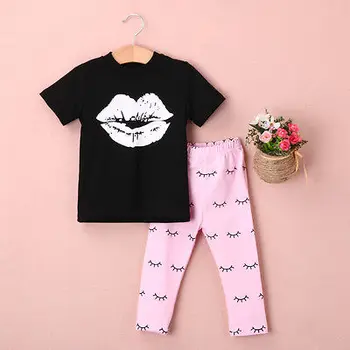 Baby Girl Lūpų T-shirt +Rožinė Kūdikių Kelnės Naujagimiai, Vaikai Mielas Animacinių filmų, Komplektai, Vaikiška Drabužių Rinkinys
