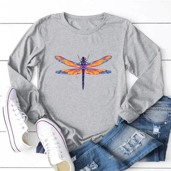 Y2k Estetinės Dragonfly Spausdinti ilgomis Rankovėmis Įgulos Kaklo 65% Medvilnės Moteris Tshirts Harajuku Gatvės Stiliaus S-2xl Femme marškinėliai Topai