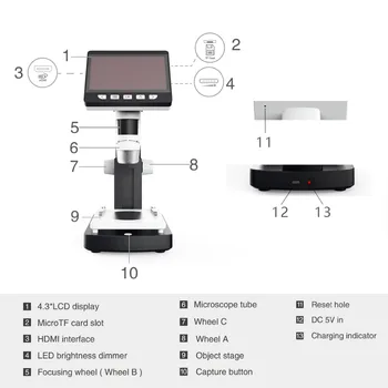 4.3 Colių 1000X HDMI Nešiojamas Kišeninis Mikroskopas Endoskopą Fotoaparatas
