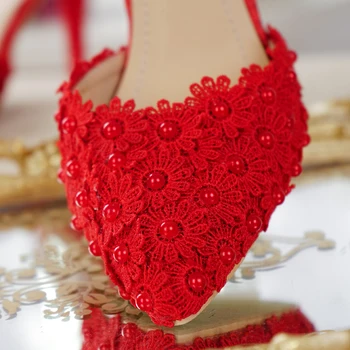 Vestuvių Sandalai Raudonos Spalvos Nėriniai Gėlės Pearl Vertus, Pagaminti Kinijoje, Čiurnos Dirželis Kulnas 6cm Smailianosiai Batai Mergaitės Gimtadienio Perlai Kulniukai