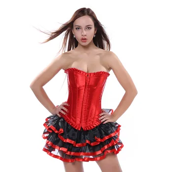 Moterų seksualus Raudonas KORSETAS šalis dress aukštyn ir Bustier tutu sijonas ir apatinis trikotažas NĖRINIŲ trumpą mini šokių suknelė Plius dydis S-2XL