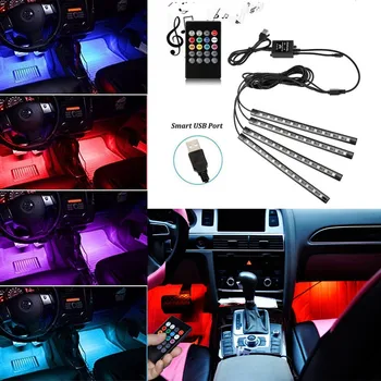 4pcs Automobilių RGB LED Juostelės USB Prievado Interjero Šviesiai Raudonos, mėlynos Spalvotų Muzikos Atmosferą Garso Active Funkcija LED Juostos, LED Apšvietimas