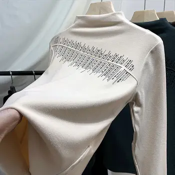 Pusė Golfo korėjos Viršūnes Žiemos Mados T-shirt Diamond Tirštėti Šiltas Moterų Megztinis Viršūnes dvipusis Aksomo Dugno Marškinėliai