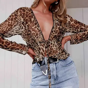 Meihuida Moterų Leopard Viršūnes Mados Ponios ilgomis Rankovėmis Marškinėliai Atsitiktinis Giliai V Kaklo Laisvi Marškinėliai Slim Drabužių S-XL