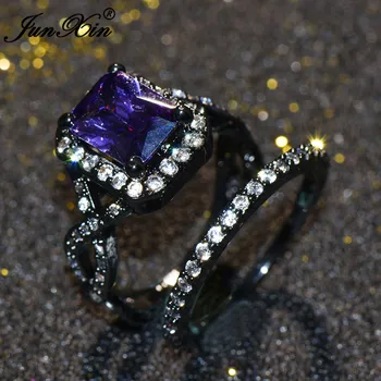 JUNXIN Prabanga Moterų Big Violetinė Piršto Žiedą Juodojo Aukso Užpildytas Papuošalai Derliaus Vestuvinis Žiedas Nustatyti Pažadas Žiedai Moterims