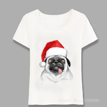 Moterų trumpomis Rankovėmis Kalėdų Pug Print T-Shirt Minkšto Audinio Atsitiktinis Tees Aukštos Kokybės Mergina Viršūnes Šuo Dizaino Marškinėliai, Harajuku