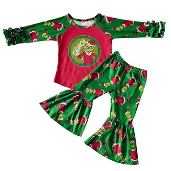 Kalėdų Stiliaus vaikams, vaikiška naujagimių žalia susiėmę rankovėmis raudona viršų flare kelnės 2vnt komplektas