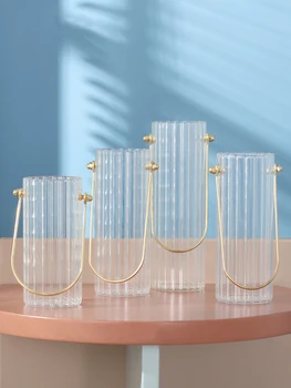 Nodic Kūrybos Metalo Nešiojamų Dryžuotas Skaidraus Stiklo Vaza Gėlių Kompozicijų Hydroponics Meno Gėlių Gaminiai Namo Apdailai