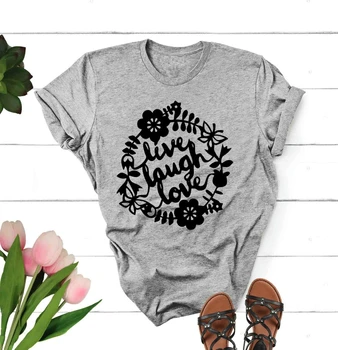 Live Laugh Love Marškinėliai Gėlių Vainikas Marškinėliai Įkvepiančios Citatos Apie Meilę Moterų Grafinis Tee estetinės harajuku marškinėlius - K346