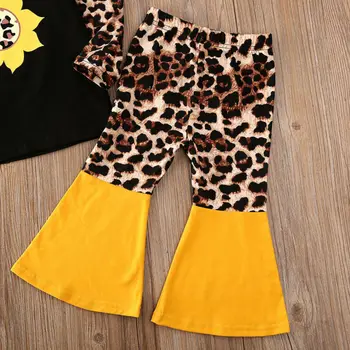 Kūdikių Mergaičių Leopard Komplektus long sleeve T-shirt saulėgrąžų bell bottom Kelnės Nustatyti Bamblys vaikams Žiemos Drabužių 2 vnt Tracksuit