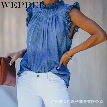 WEPBEL Moterų Elegantiškas Ruffles Džinsinio Marškinėliai Viršuje Atsitiktinis Rankovių Stovėti Apykaklės, Mygtuką Atgal Ruched T-shirt