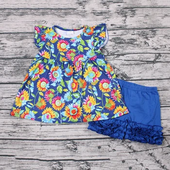 Atsitiktinis vaikai bbay mergaičių vasaros stiliaus gėlių plaukioja rankovėmis tunika mėlyną šortai, komplektai, vaikiška dizainas, drabužiai, drabužiai