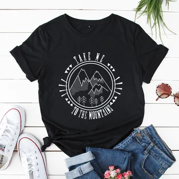 Kalnų Grafinis Tees T-shirt Moterims, Vasaros Trumpos Rankovės Meno Viršūnių Mados Medvilnės Marškinėliai Moterims Drabužių