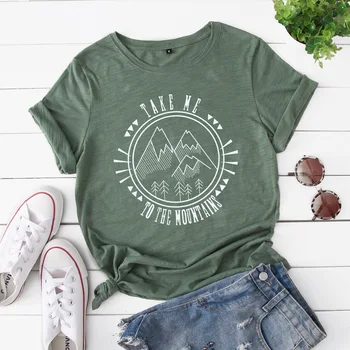 Kalnų Grafinis Tees T-shirt Moterims, Vasaros Trumpos Rankovės Meno Viršūnių Mados Medvilnės Marškinėliai Moterims Drabužių