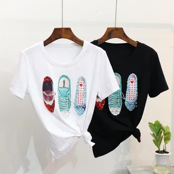 2018 naujas vasaros blizgančiais batais trumpomis rankovėmis T-shirt viršuje, atsitiktinis Preppy Pyragas T-shirt