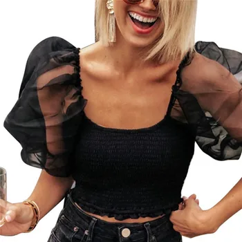 Hirigin Moterų marškinėliai Naujas Juodas Trumpas Sluoksniuotos Rankovėmis Trumpą Viršūnes Dėvėti 2020 Slim Bodycon Atsitiktinis Apkarpytos Viršų Moteriška Vasaros Megztinis