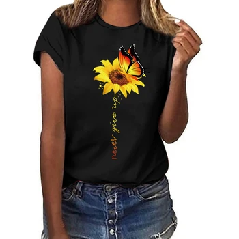 2020 M. Pavasario Rudens Mados Apvalios Kaklo Laišką Drugelis Saulėgrąžų Trumpomis Rankovėmis T-Shirt Moterims Printed Rankovės Plati Palaidinė Marškinėliai