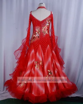 Kostiumas sportinių šokių konkursas suknelės standartinių šokių suknelė kinijos šokio kostiumai valsas suknelė, O ant kaklo Raudoną