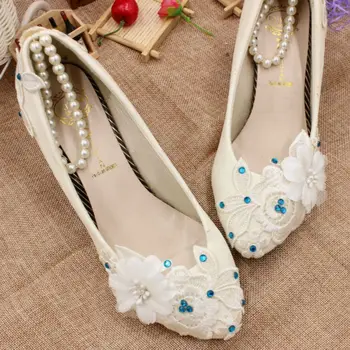 Baltos spalvos nėrinių vestuvių bateliai nuotaka HS032 juoda cirkonio nėrinių gėlių kulkšnies duobute dirželiai, ponia, moterų nuotakos vestuvių siurbliai batų