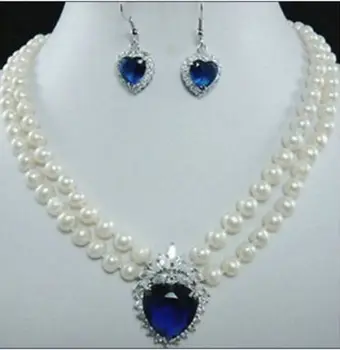 Baltos spalvos gėlavandenių perlų vėrinį mėlyna Širdies Kristalų auskarai A+LLL