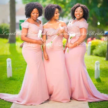 2021 Šviesiai Rausva Nėrinių Bridesmaid Dresses Su Appliques Karoliukai Undinė Off Peties Nigerijoje Moterys Oficialaus Ilgai Vestuvės Dress