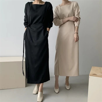 Naujas 2021 Moteris Rudens-Žiemos Suknelės Aikštėje Apykaklės Nėrinių Derliaus Elegantiškas Korėjos Stiliaus Laukinių Panele Ilga Suknelė