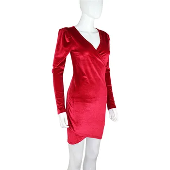 2019 Seksualus Raudono Aksomo Suknelė Moterims Apvalkalą Mados V-kaklo, ilgomis Rankovėmis Bodycon Suknelė Moterys Šalis Klubo Aksomo Suknelės Moterų Vestidos