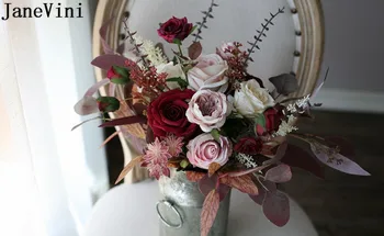 JaneVini Nostalgija, Dirbtiniais Bouquet De Fleur Bordo Rausva Rožė Dirbtinis Vestuvių Gėlės, Vestuvių Puokštės Ramo De Novia Derliaus