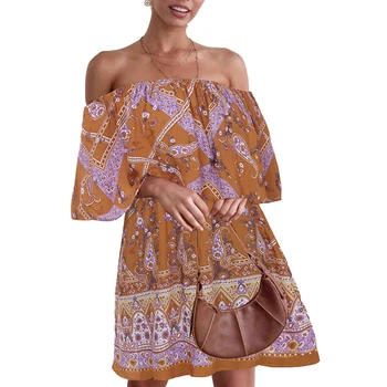 2020 Metų Vasaros Boho Suknelė Moterims Off Peties Paplūdimio Atsitiktinis Palaidų Mini Suknelė Trumpomis Rankovėmis Gėlių Spausdinti Sundress