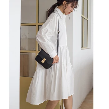 Pavasarį, Rudenį Baltas Juodi Marškinėliai suknelė korėjos ilgomis Rankovėmis Plisuotos Ilga Suknelė Moterims Streetwear Atsitiktinis Plius Dydis-A-Line Dresses