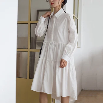 Pavasarį, Rudenį Baltas Juodi Marškinėliai suknelė korėjos ilgomis Rankovėmis Plisuotos Ilga Suknelė Moterims Streetwear Atsitiktinis Plius Dydis-A-Line Dresses