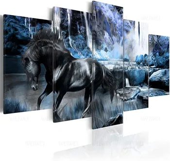 Mėlyna Krioklys Drobė Menas, Sienų Dekoras Black Horse Nuotrauką Modernus Didžiulis Kraštovaizdžio 5pc Tapyba Kambarį Biuro Apdailos