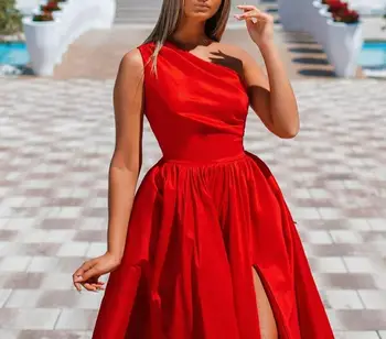 Elegantiška Ilga Raudona Satino vakarinę Suknelę su Ritininės-Line Grindų Ilgio Užtrauktukas Atgal Plisuotos Vieną Petį Oficialią Šalies Chalatai Moterims