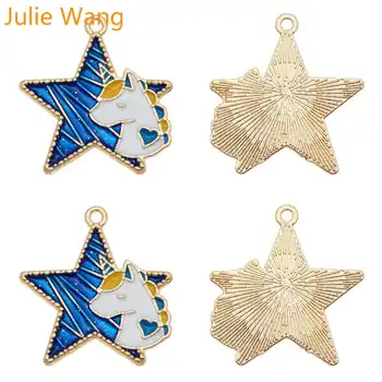 Julie Wang 4PCS Emalio Pentagram Žvaigždė, Vienaragis Pakabukai Tonas Aukso Karoliai, Apyrankės Auskarai Papuošalai Priėmimo Priedų