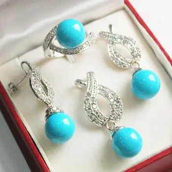 Karšta! gražus naujas juvelyriniai sidabro padengtą 12mm mėlyna shell perlų pakabukas, auskarai, , žiedas rinkinys