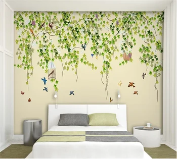 Custom 3D tapetai, freskos paprasta vynmedžių gėlės ir paukščiai fono sienos