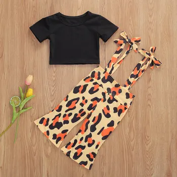 2020 m. 1-6T Bamblys Vaikai Vaikus Mergina Drabužių Nustatyti trumpomis Rankovėmis T-shirt Dirželis Leopard Kelnes Drabužių, Kostiumų Komplektus 2vnt