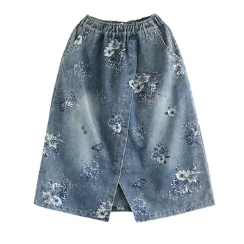 Senovinių gėlių džinsinio audinio sijonas elastinga juosmens dvigubos kišenės sijonai moterų 2020 laisvalaikio drabužiai