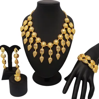 Naujo dizaino papuošalų rinkiniai dubajaus aukso papuošalų rinkiniai afrikos moteris vestuvių nuotaka karoliai